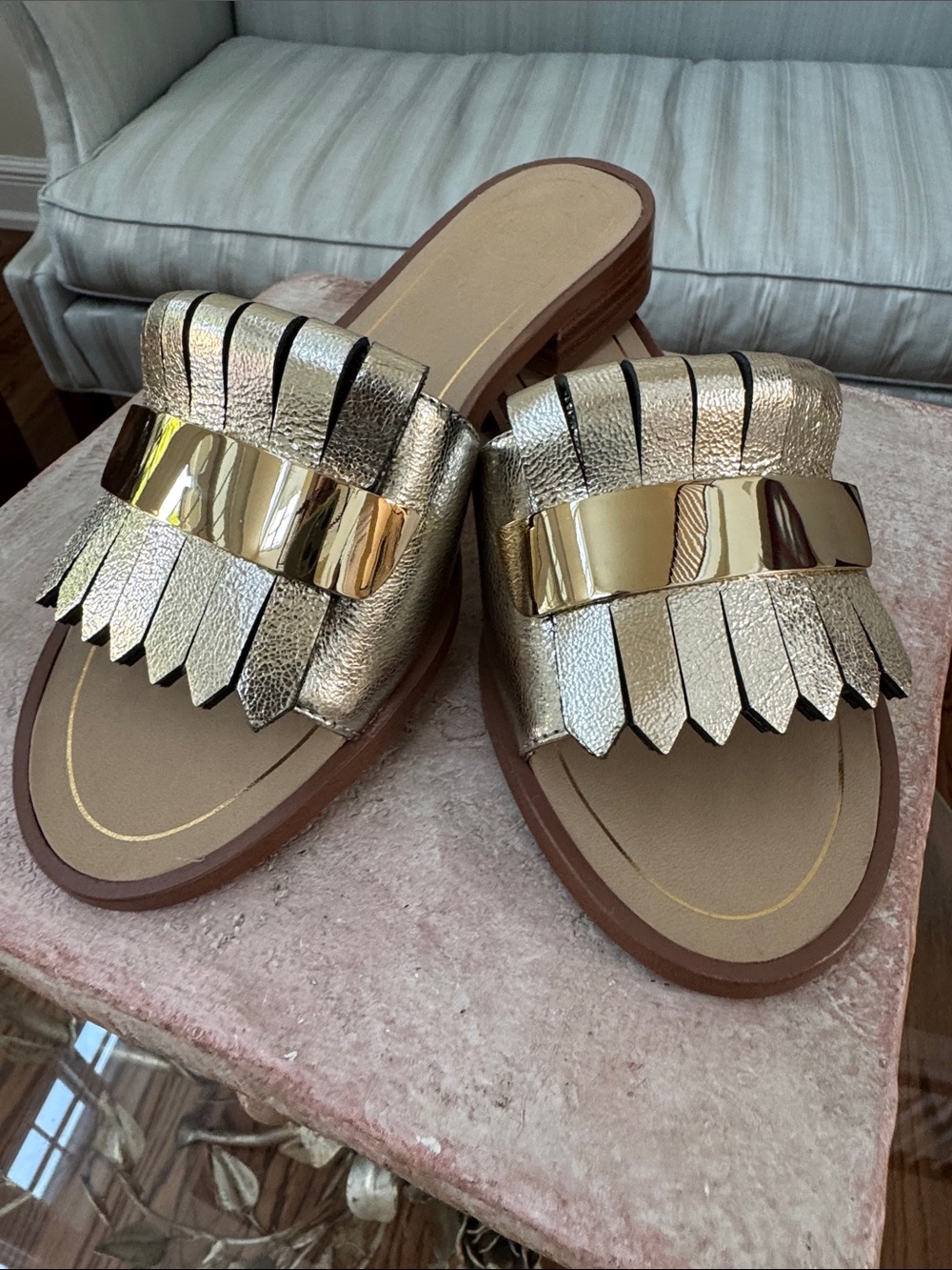 1901 Gold Metallic Fringe Slide Mules - NIB size 6.5